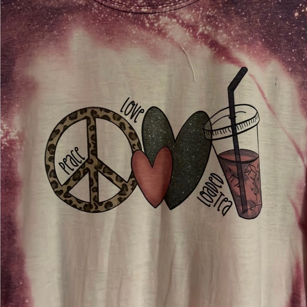 PEACE LOVE AND LOADED TEA, purple bleached out tshirt, top, size XL